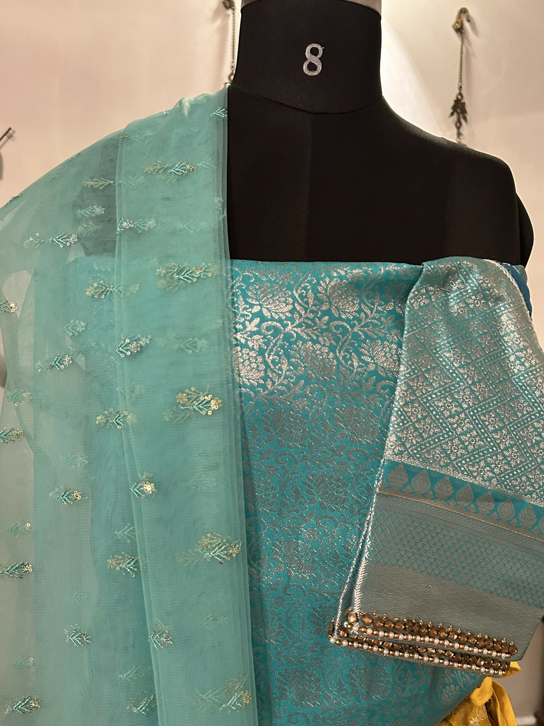 Mustard, yellow with Aqua blue Semi Kanchi lehanga Set