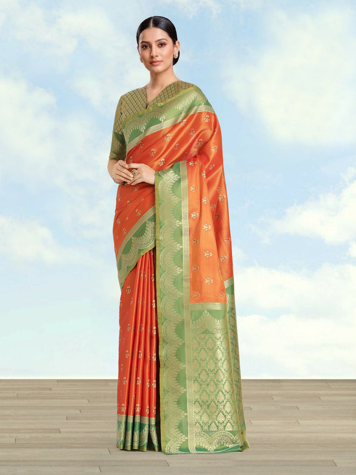 Orange Color Weaving Semi Banarasi Tissue Silk Saree | SHOBITAM