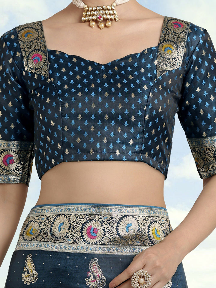 Teal Color Banarasi Satin Silk Zari Weaving Saree | SHOBITAM
