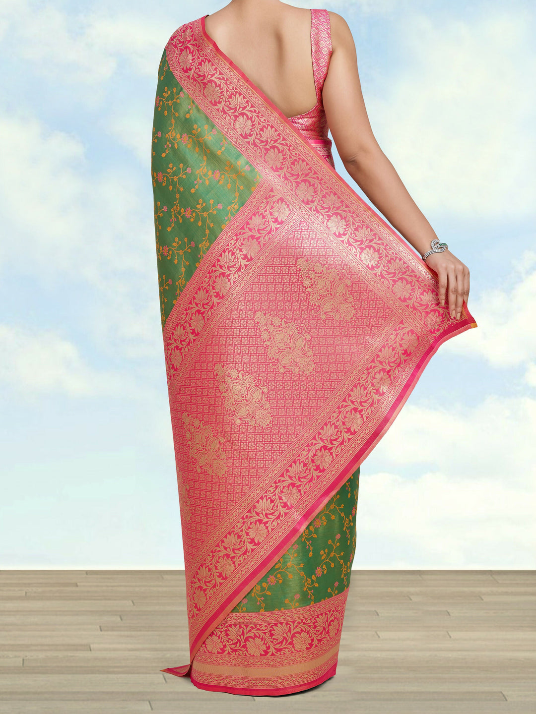 Green Semi Banarasi Tissue Silk Saree With Zari Woven Work | SHOBITAM