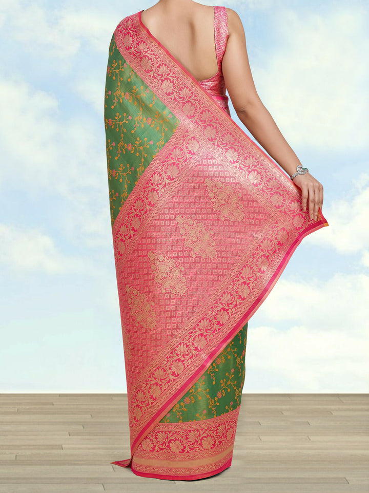 Green Semi Banarasi Tissue Silk Saree With Zari Woven Work | SHOBITAM