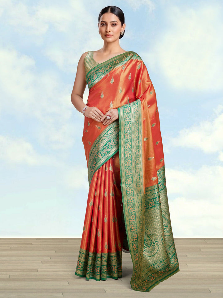 Semi Banarasi Tissue Silk Zari Woven Orange Saree | SHOBITAM