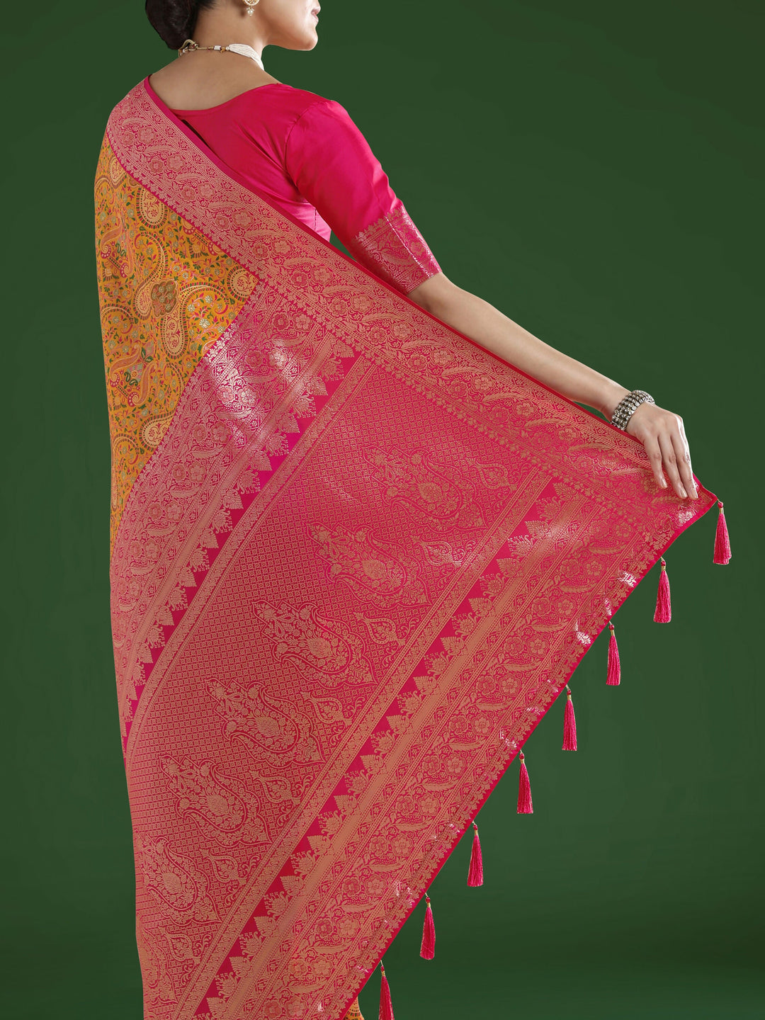 Mustard Banarasi Semi Silk Saree With Traditional Paisley Weaves | SHOBITAM