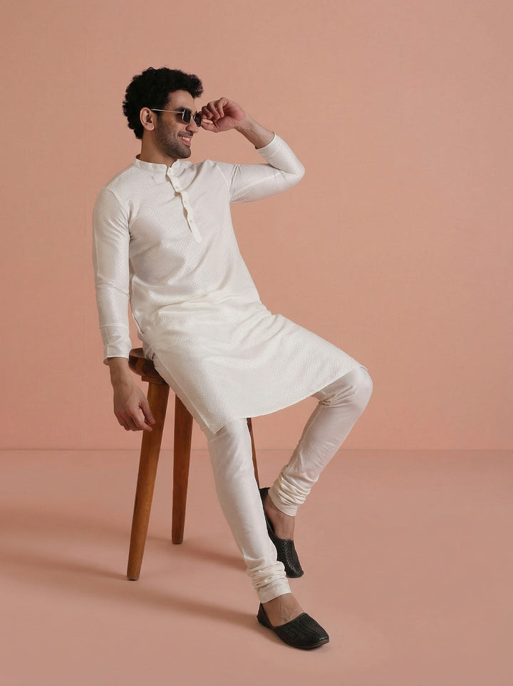 Off-White Cotton Blend Solid Kurta Churidar Set | SHOBITAM