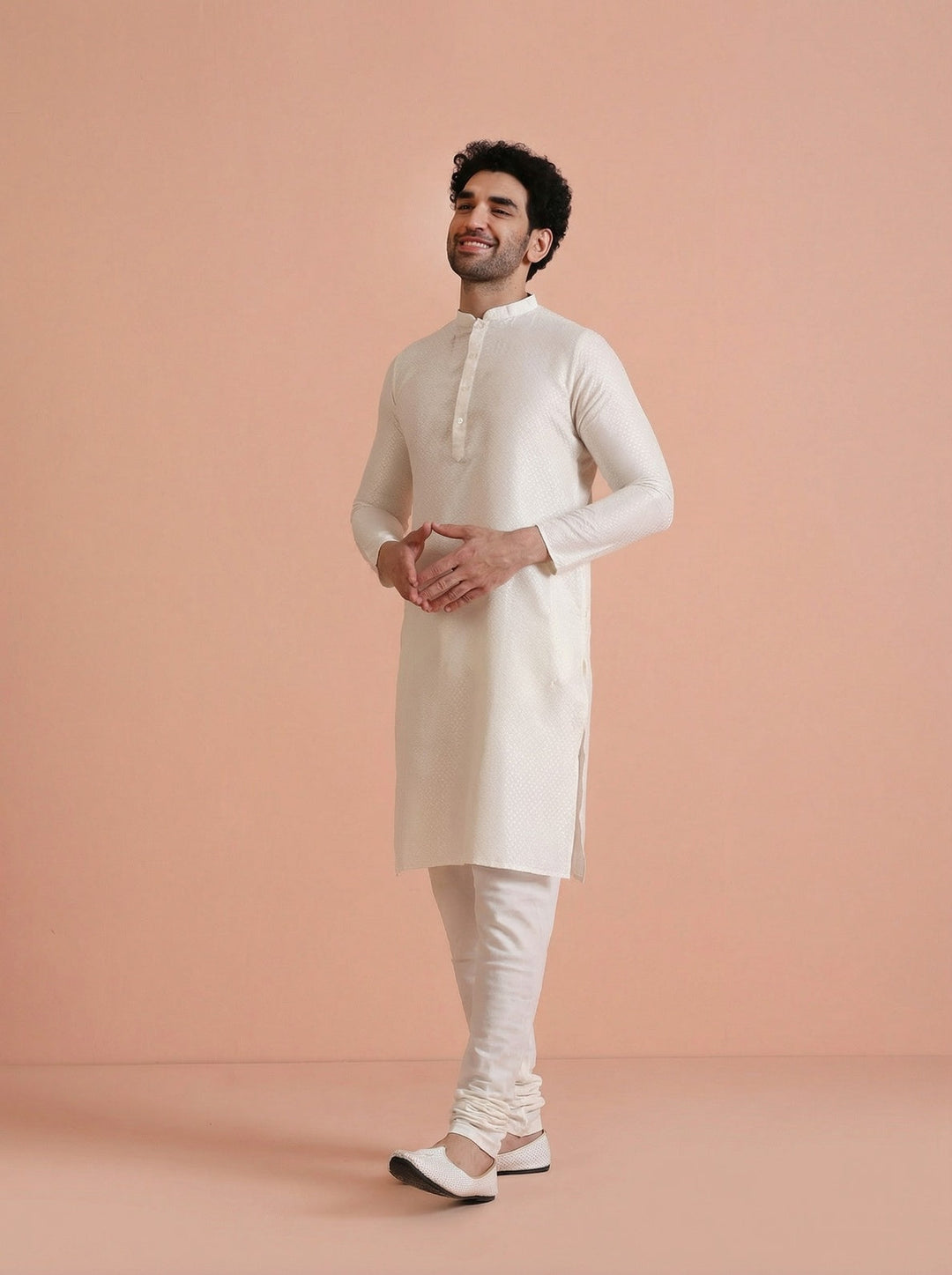 Off-White Cotton Blend Solid Kurta Churidar Set | SHOBITAM