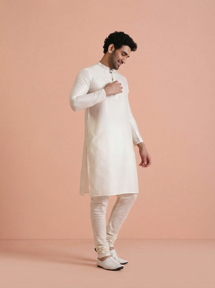 Off-White Cotton Blend Solid Kurta Churidar Set | SHOBITAM