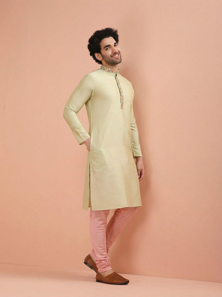 Beige Silk Blend Embroidered Kurta Churidar Set | SHOBITAM