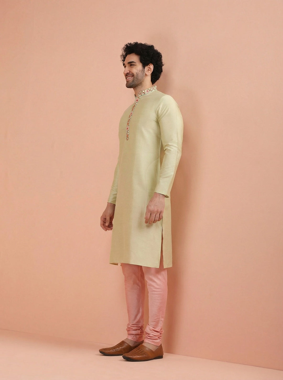 Beige Silk Blend Embroidered Kurta Churidar Set | SHOBITAM