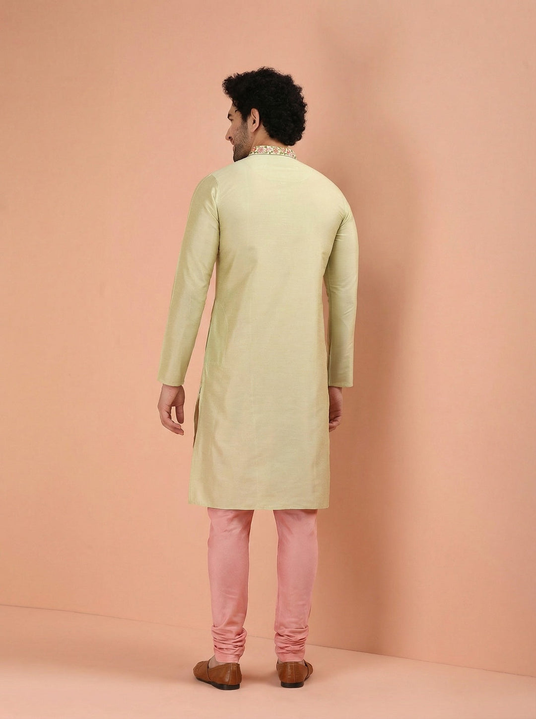 Beige Silk Blend Embroidered Kurta Churidar Set | SHOBITAM