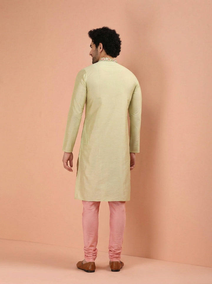 Beige Silk Blend Embroidered Kurta Churidar Set | SHOBITAM