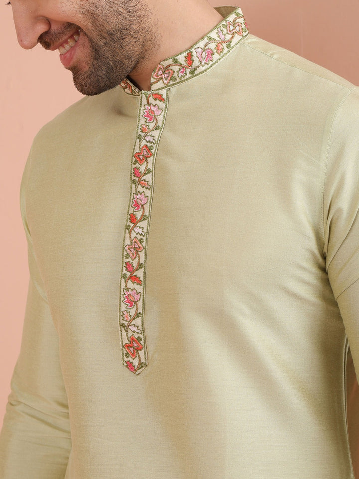 Beige Silk Blend Embroidered Kurta Churidar Set | SHOBITAM
