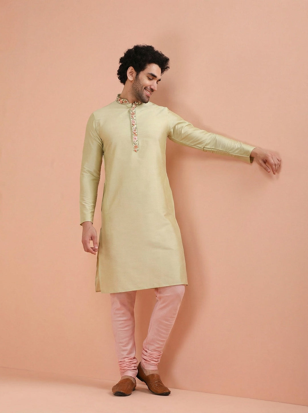 Beige Silk Blend Embroidered Kurta Churidar Set | SHOBITAM