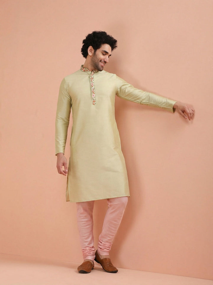 Beige Silk Blend Embroidered Kurta Churidar Set | SHOBITAM