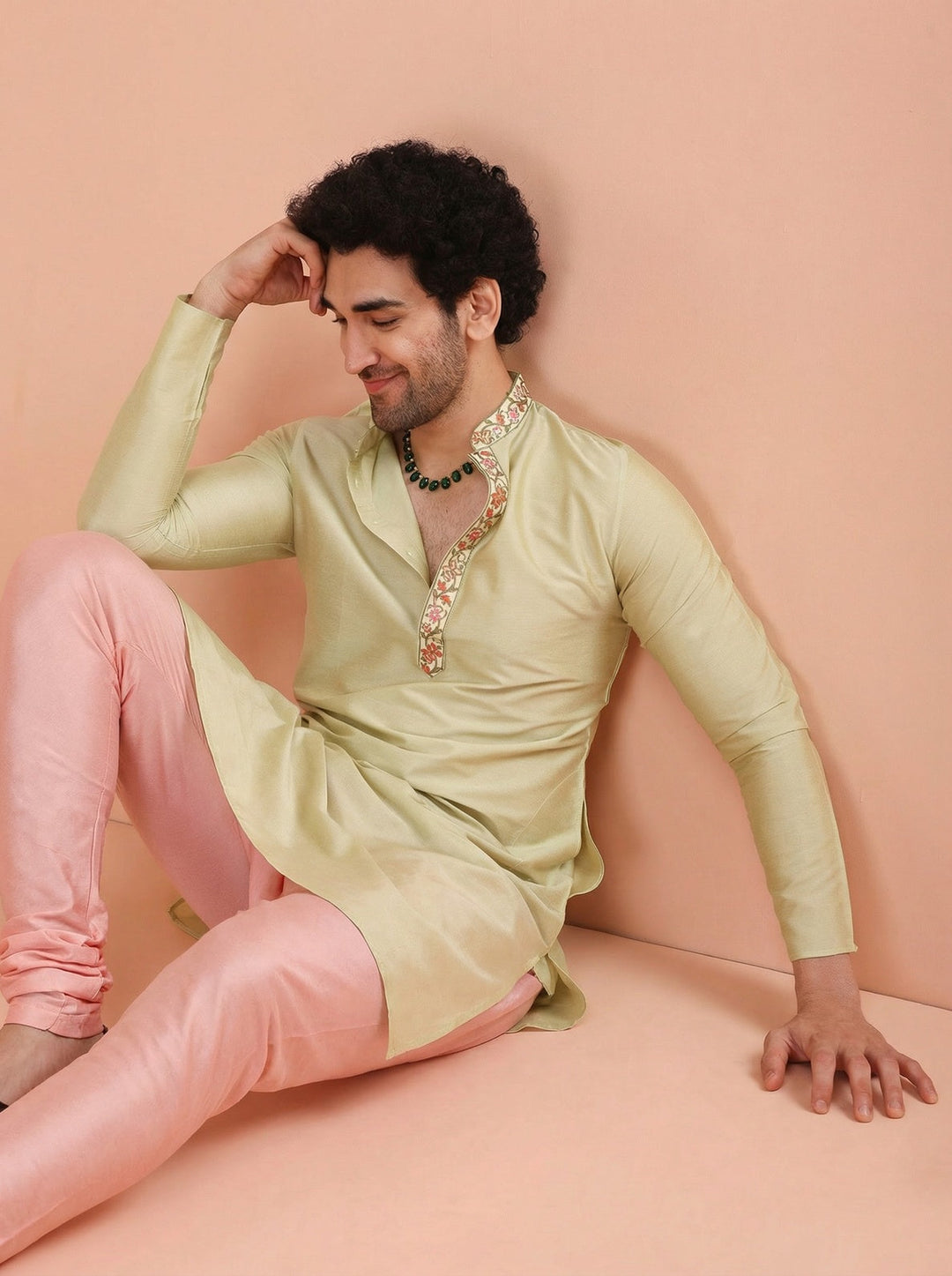 Beige Silk Blend Embroidered Kurta Churidar Set | SHOBITAM