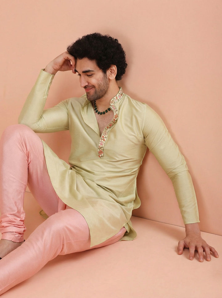 Beige Silk Blend Embroidered Kurta Churidar Set | SHOBITAM