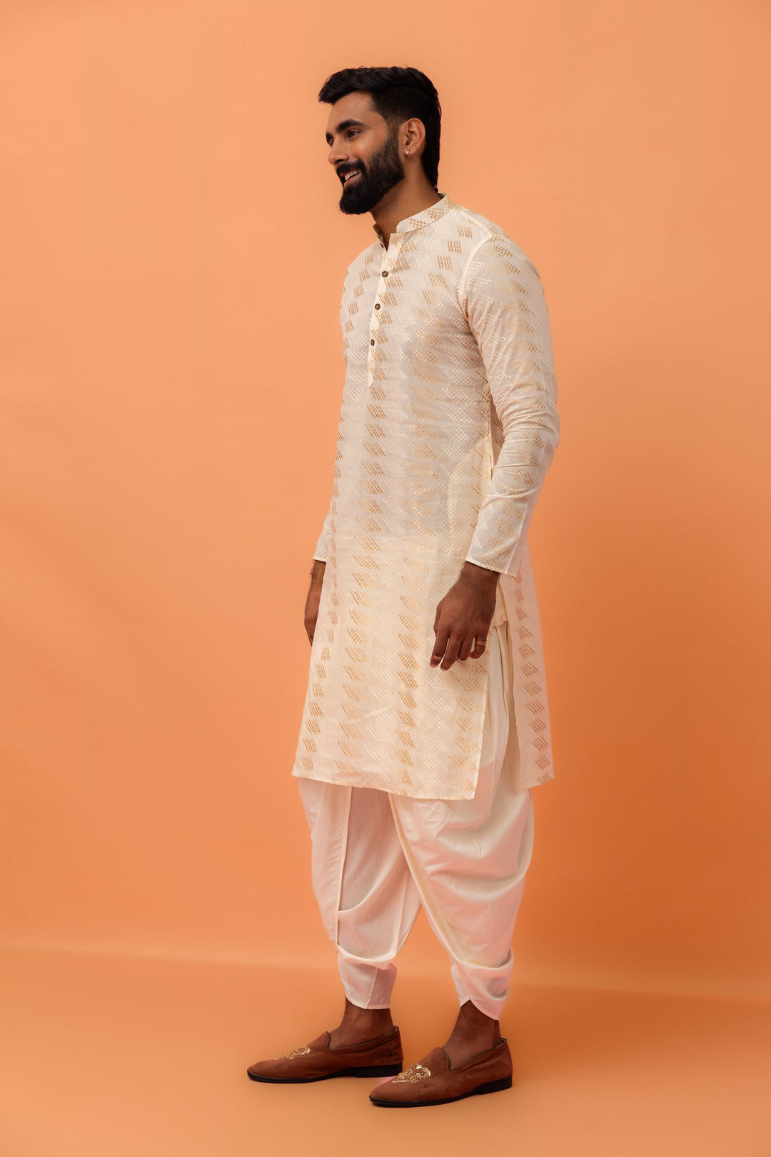 Cream Silk Blend Geometric Kurta Dhoti Set | SHOBITAM