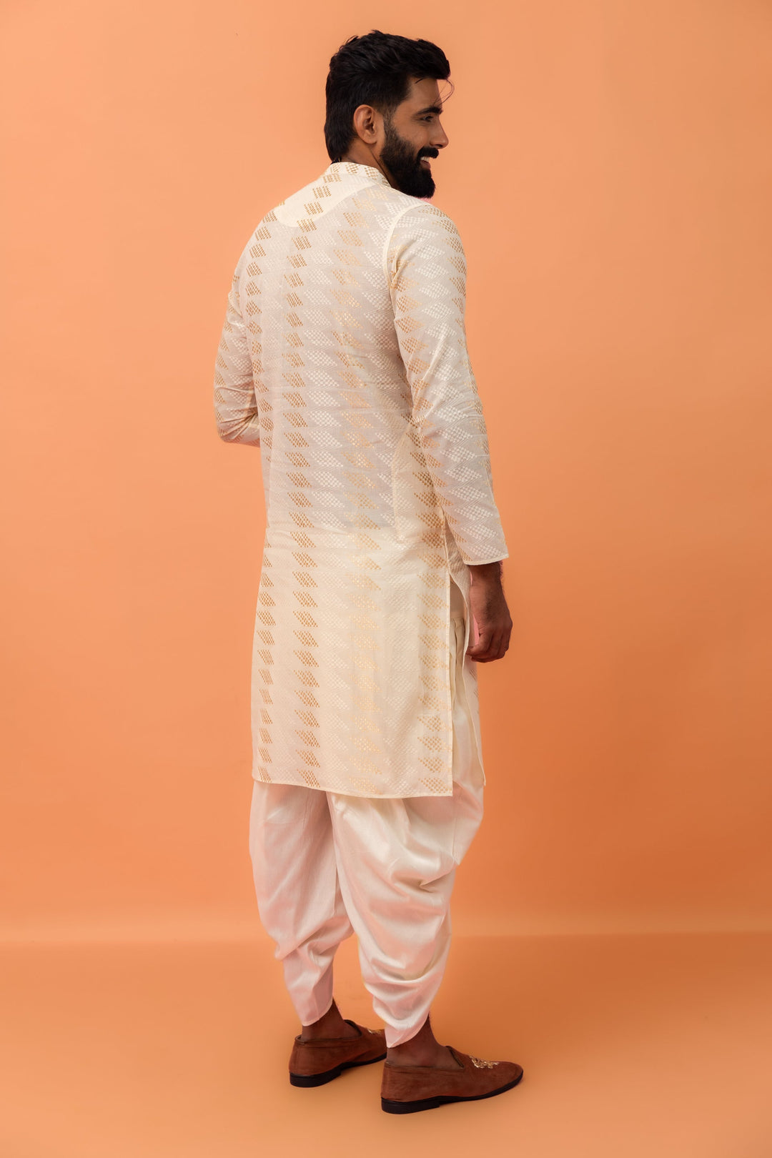 Cream Silk Blend Geometric Kurta Dhoti Set | SHOBITAM