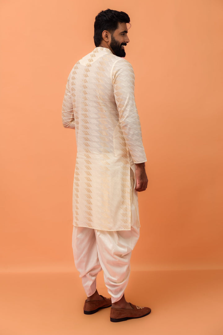 Cream Silk Blend Geometric Kurta Dhoti Set | SHOBITAM
