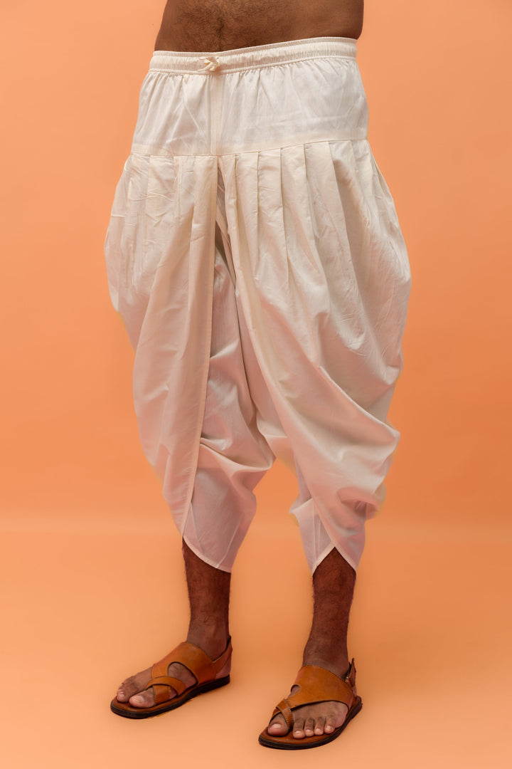 Cream Silk Blend Geometric Kurta Dhoti Set | SHOBITAM