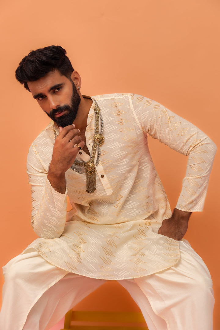 Cream Silk Blend Geometric Kurta Dhoti Set | SHOBITAM