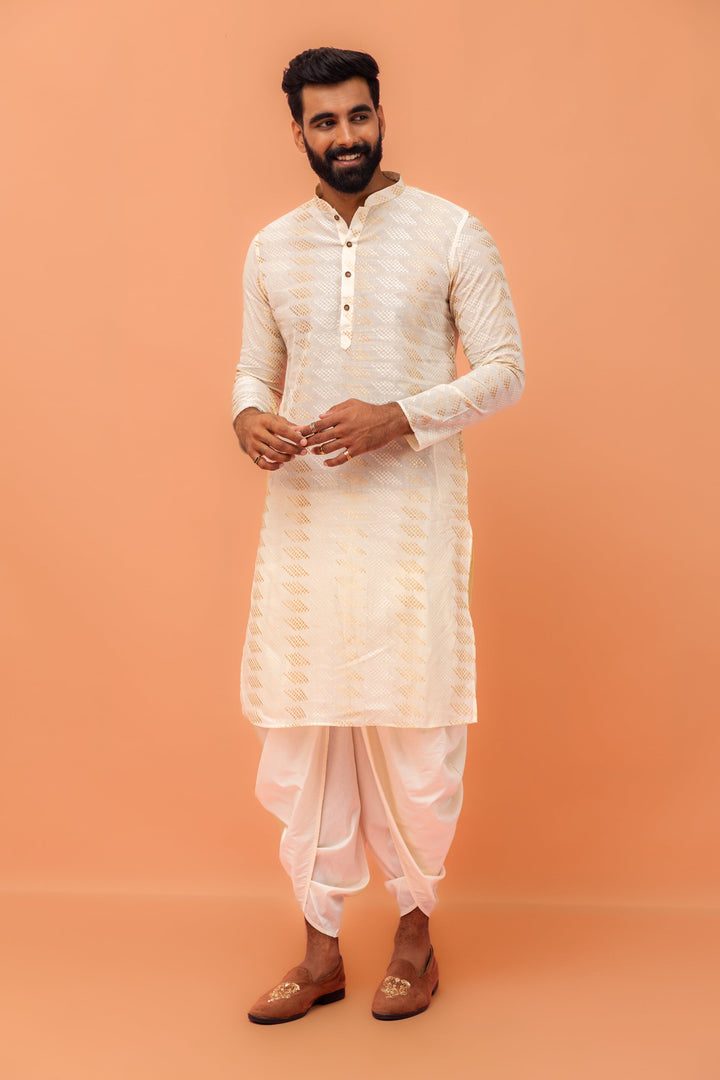 Cream Silk Blend Geometric Kurta Dhoti Set | SHOBITAM