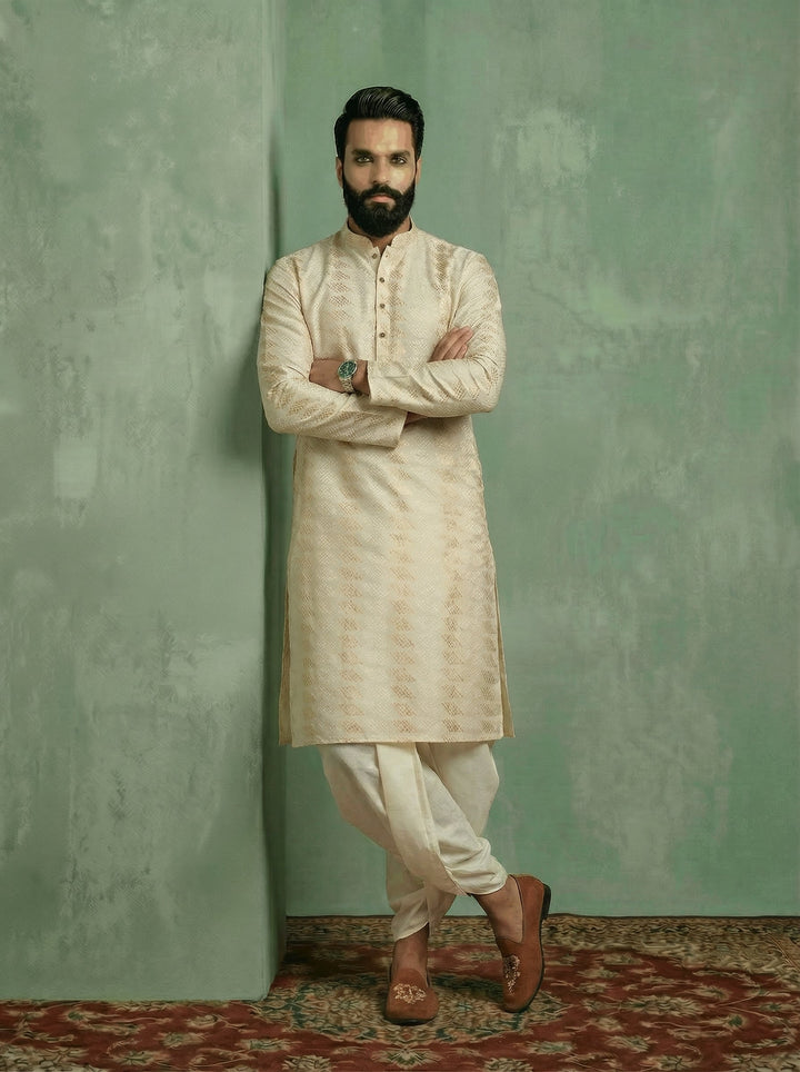 Cream Silk Blend Geometric Kurta Dhoti Set | SHOBITAM