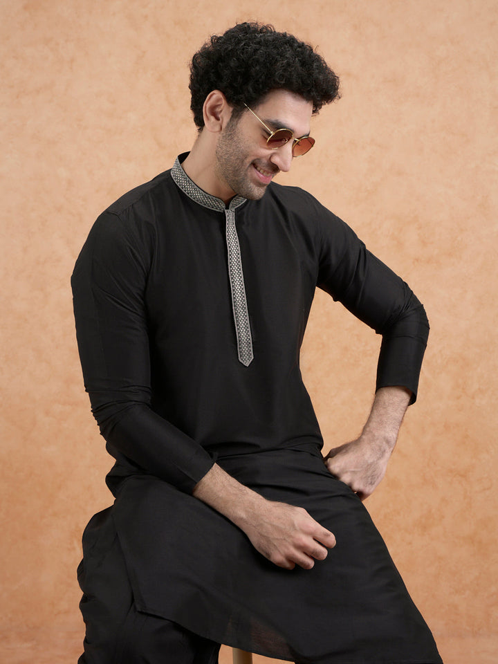 Black Cotton Blend Embroidered Long  | SHOBITAM