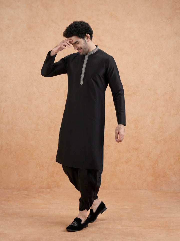 Black Cotton Blend Embroidered Long  | SHOBITAM