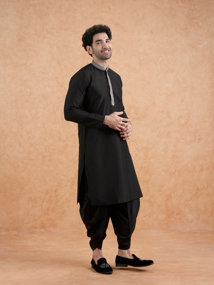 Black Cotton Blend Embroidered Long  | SHOBITAM