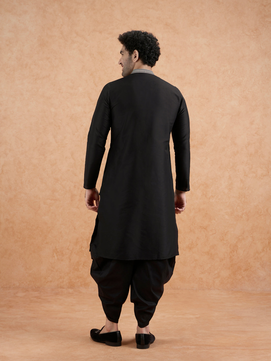 Black Cotton Blend Embroidered Long  | SHOBITAM