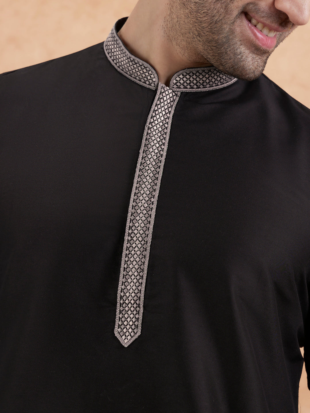 Black Cotton Blend Embroidered Long  | SHOBITAM