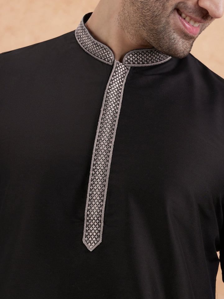 Black Cotton Blend Embroidered Long  | SHOBITAM