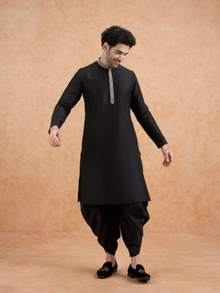 Black Cotton Blend Embroidered Long  | SHOBITAM