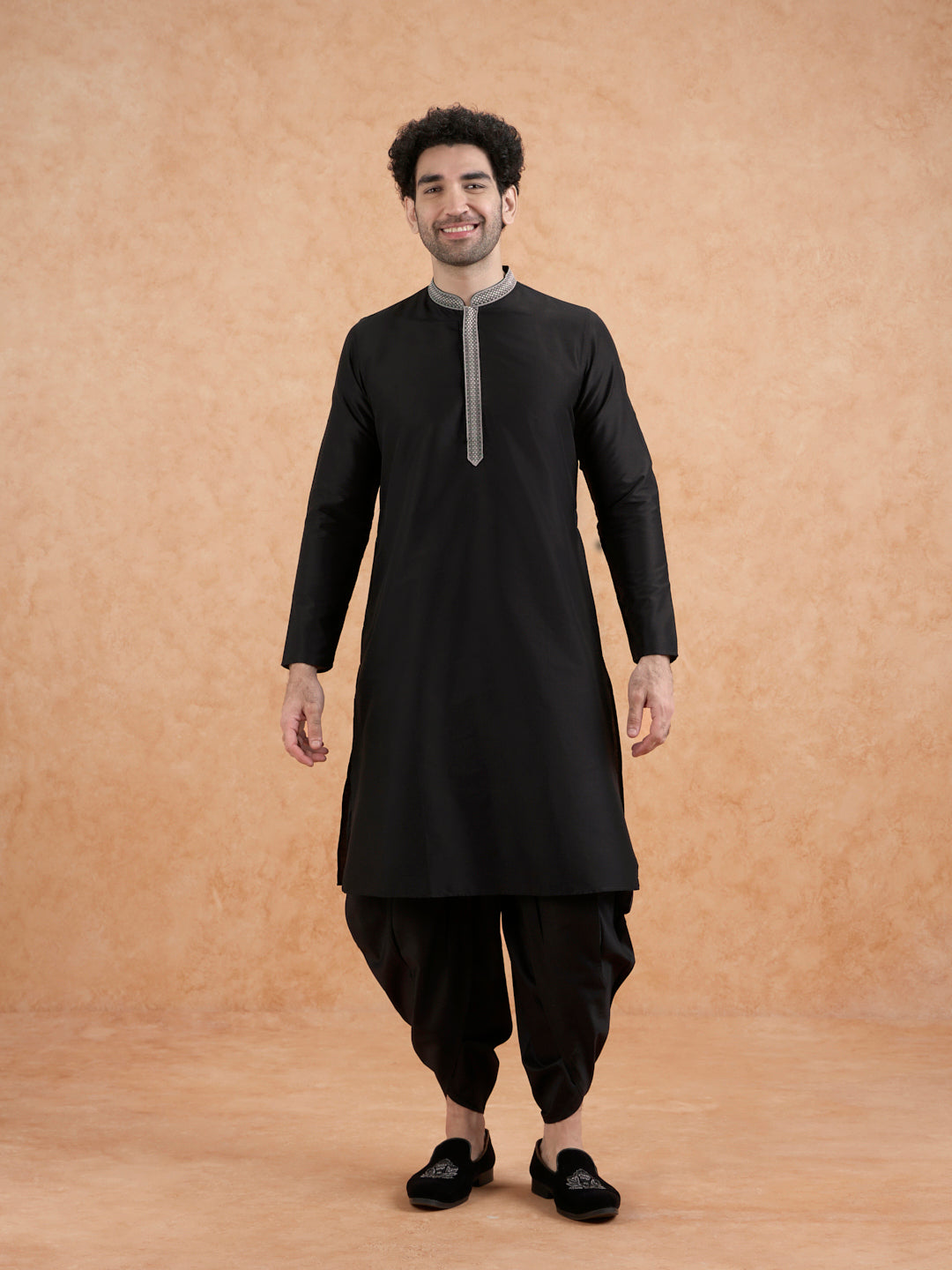Black Cotton Blend Embroidered Long  | SHOBITAM