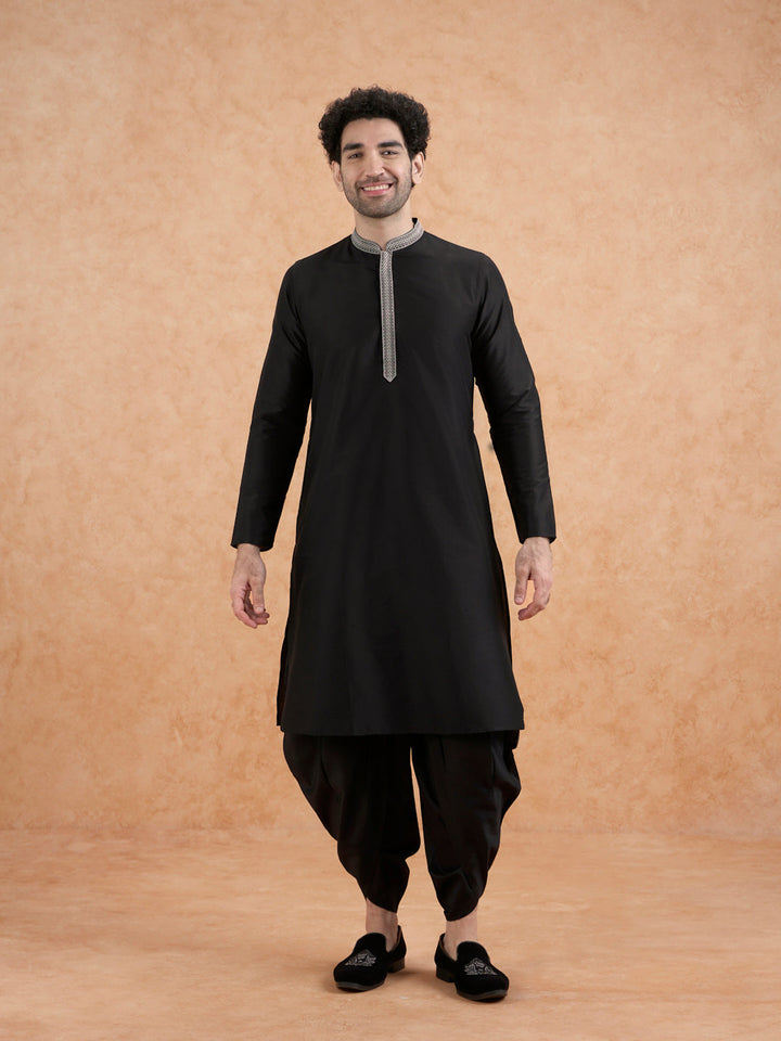 Black Cotton Blend Embroidered Long  | SHOBITAM