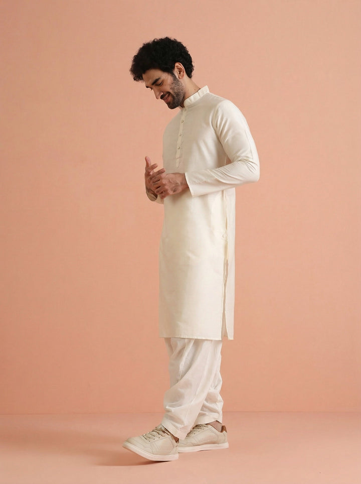 Cream Cotton Blend Solid Kurta Patiyala Set | SHOBITAM