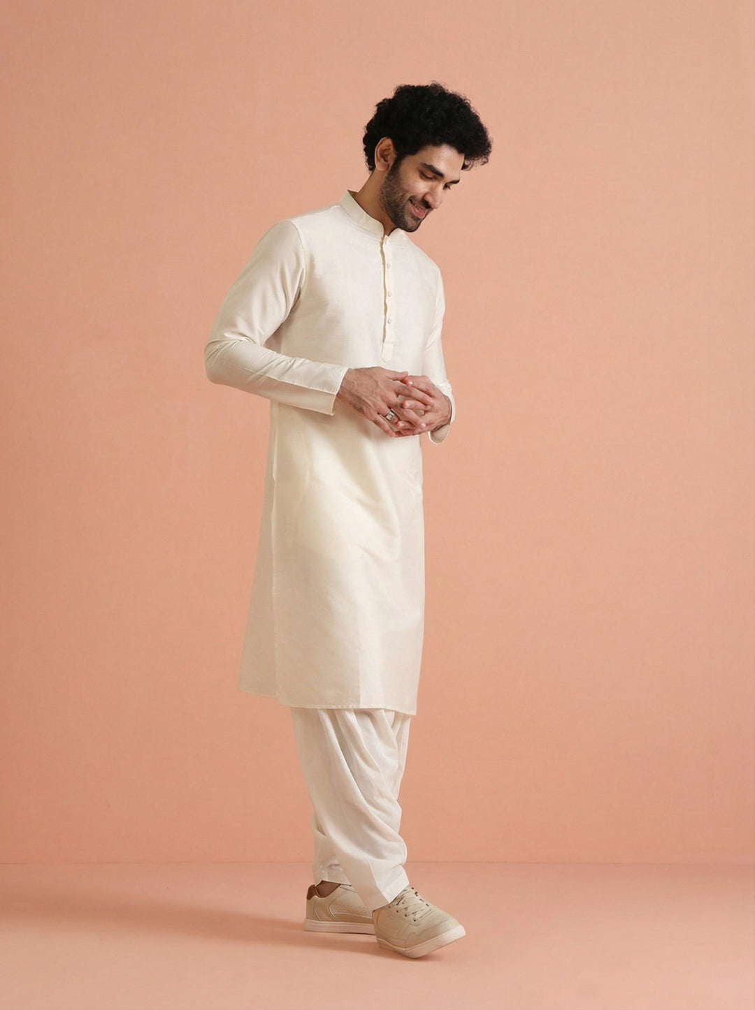 Cream Cotton Blend Solid Kurta Patiyala Set | SHOBITAM