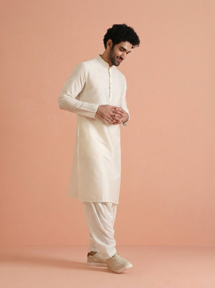 Cream Cotton Blend Solid Kurta Patiyala Set | SHOBITAM