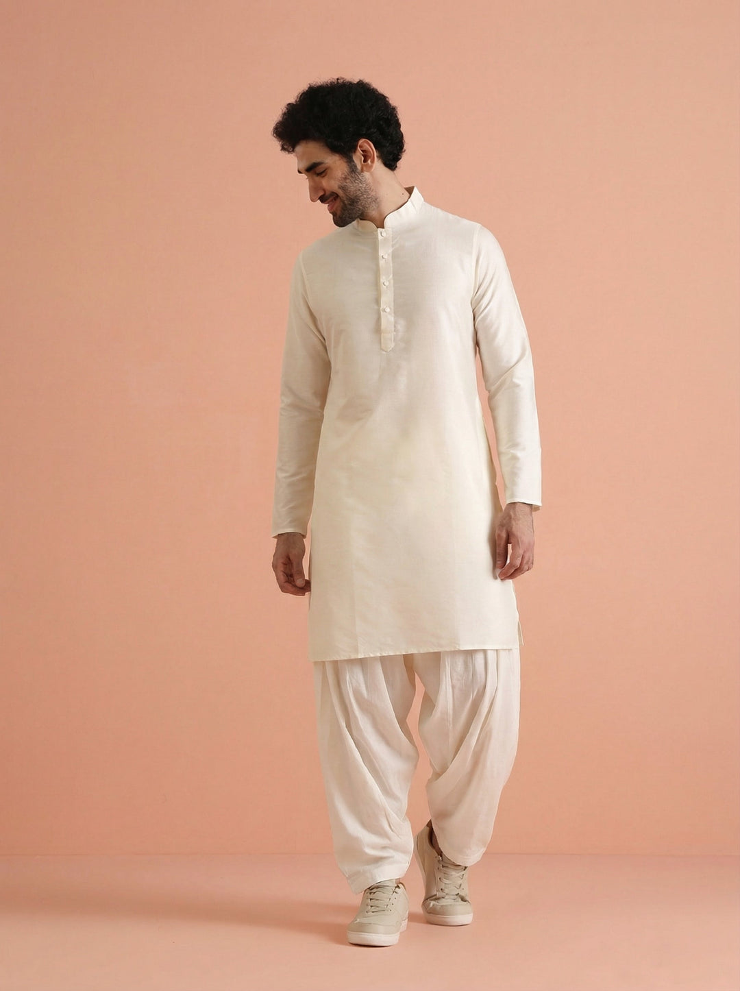 Cream Cotton Blend Solid Kurta Patiyala Set | SHOBITAM