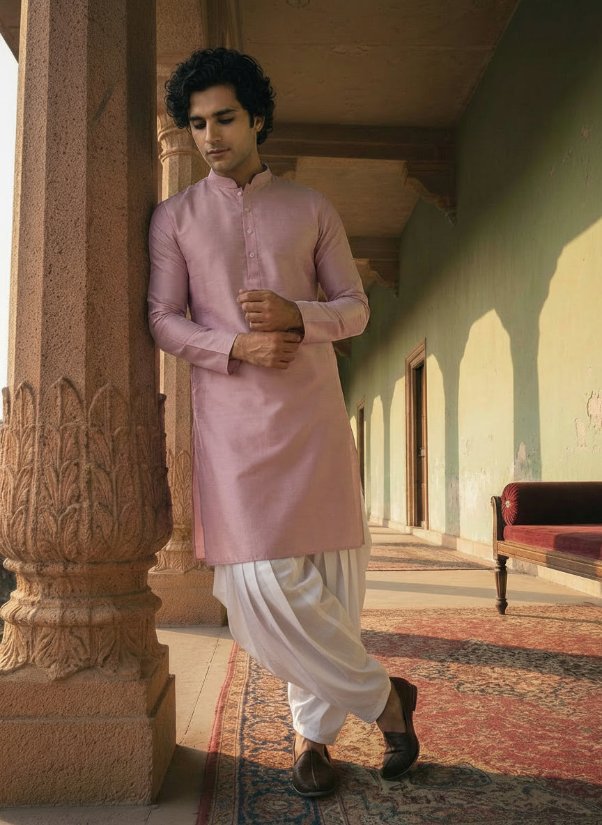 Pink Cotton Blend Solid Kurta Patiyala Set | SHOBITAM