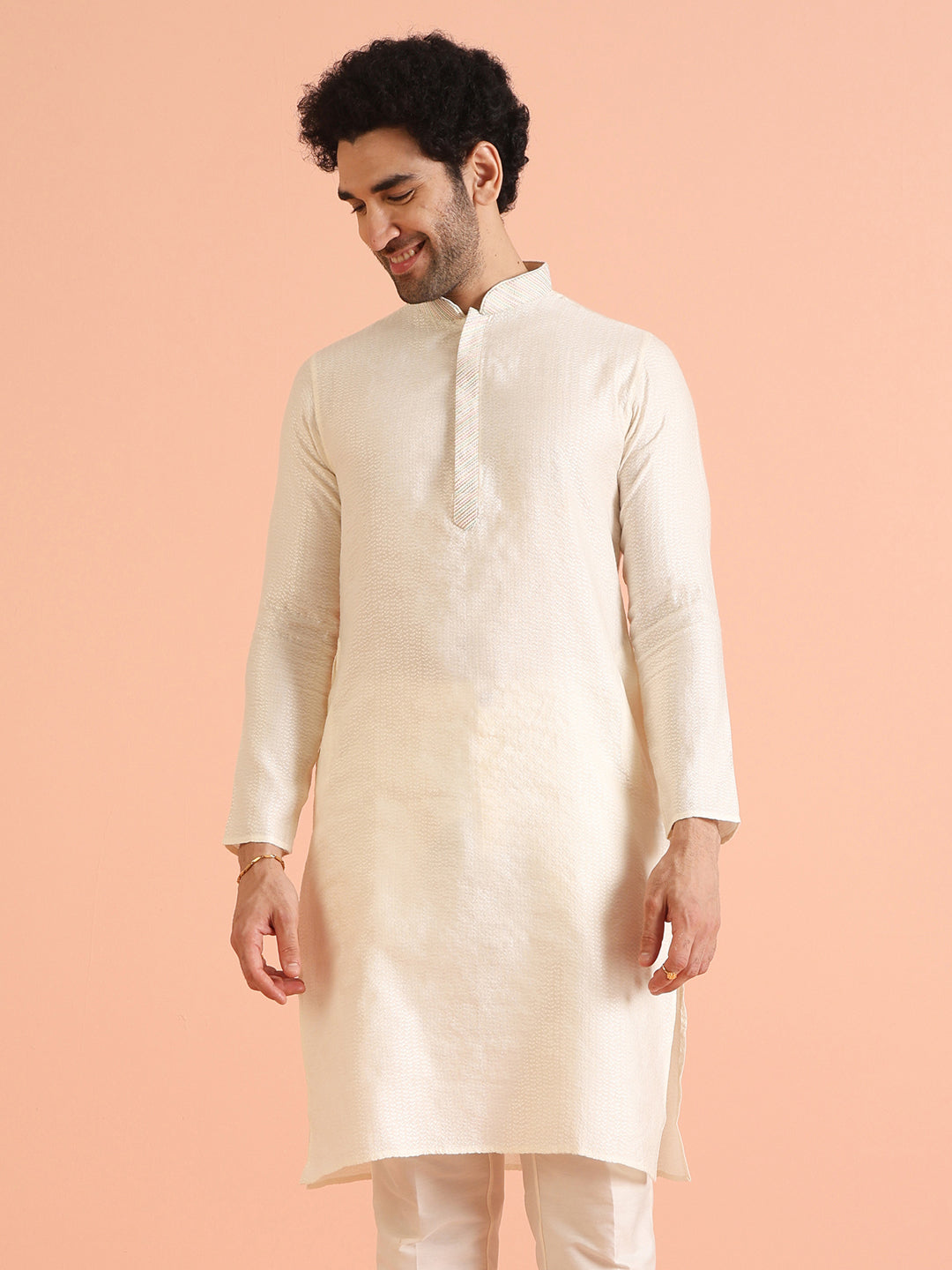 Cream Silk Blend Textured Long Kurta | SHOBITAM