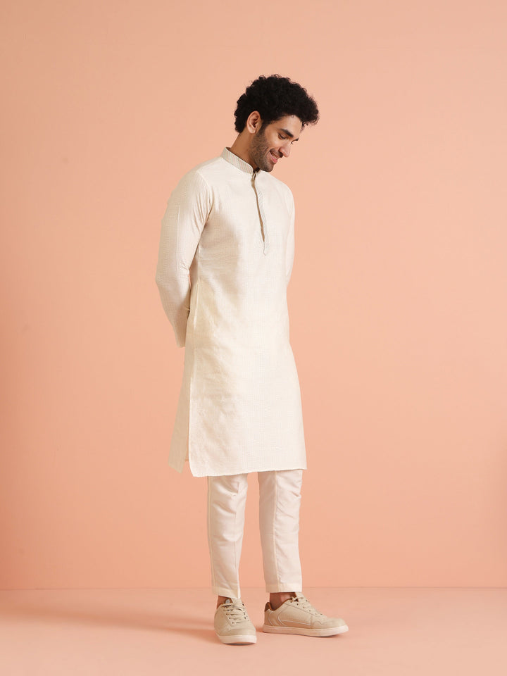 Cream Silk Blend Textured Long Kurta | SHOBITAM