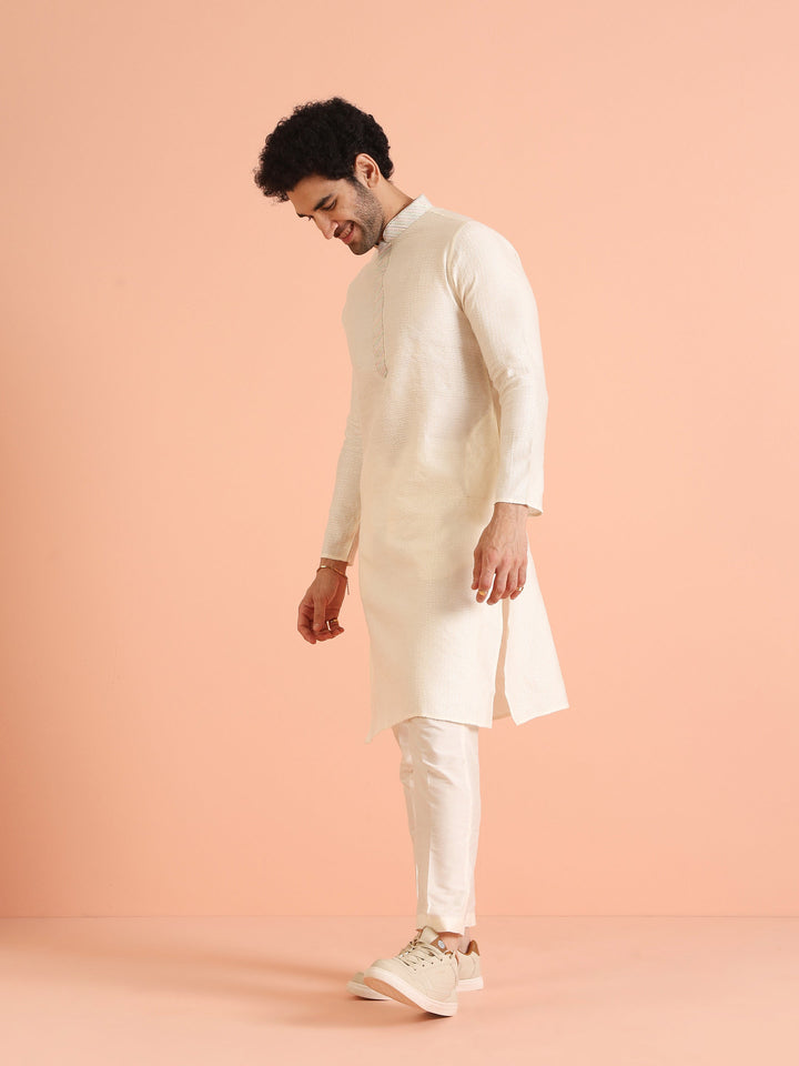 Cream Silk Blend Textured Long Kurta | SHOBITAM