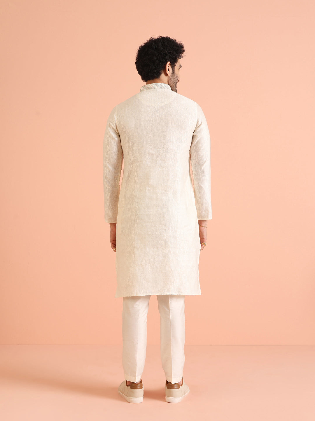 Cream Silk Blend Textured Long Kurta | SHOBITAM