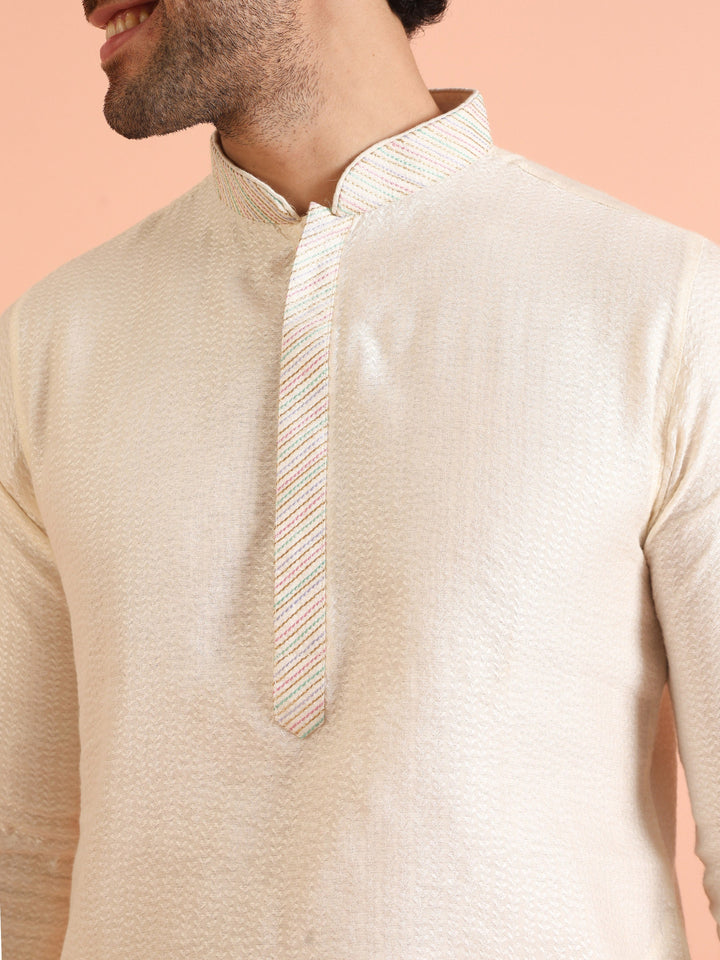 Cream Silk Blend Textured Long Kurta | SHOBITAM