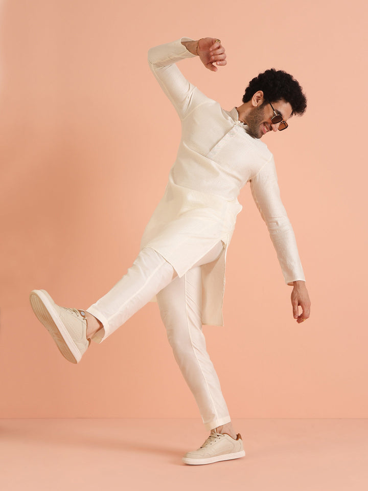 Cream Silk Blend Textured Long Kurta | SHOBITAM