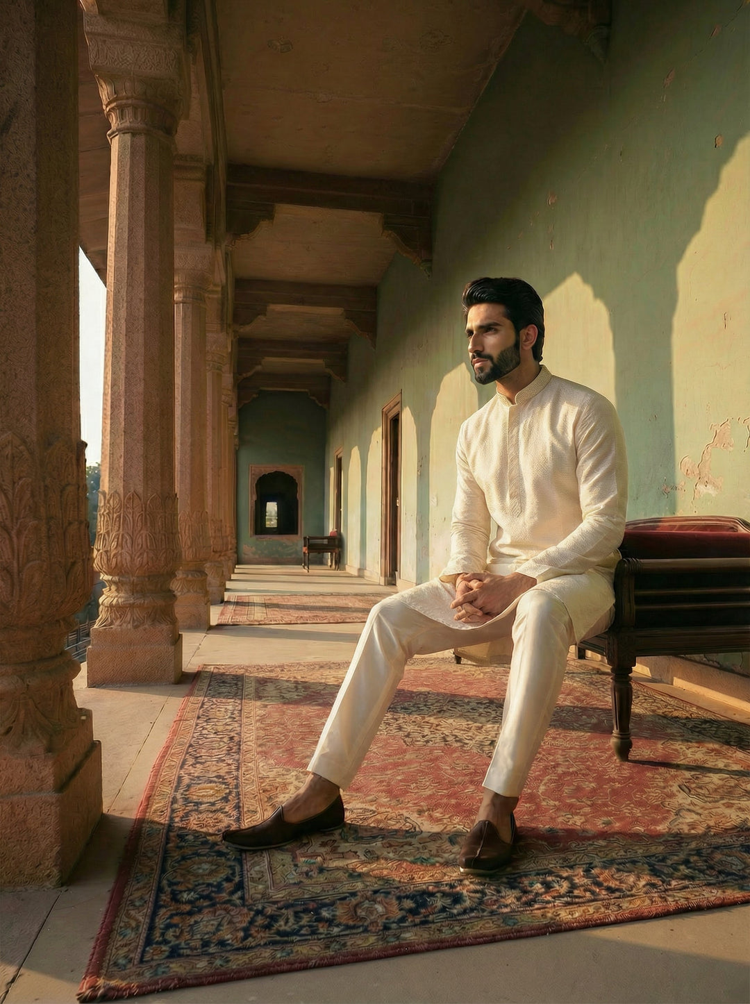 Cream Silk Blend Textured Long Kurta | SHOBITAM