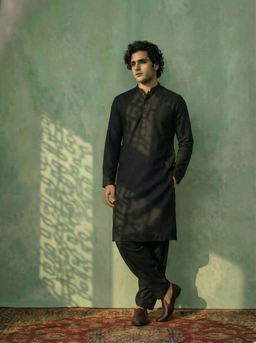 Black Cotton Blend Solid Kurta Patiyala Set | SHOBITAM