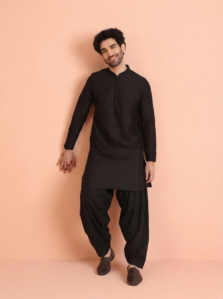 Black Cotton Blend Solid Kurta Patiyala Set | SHOBITAM
