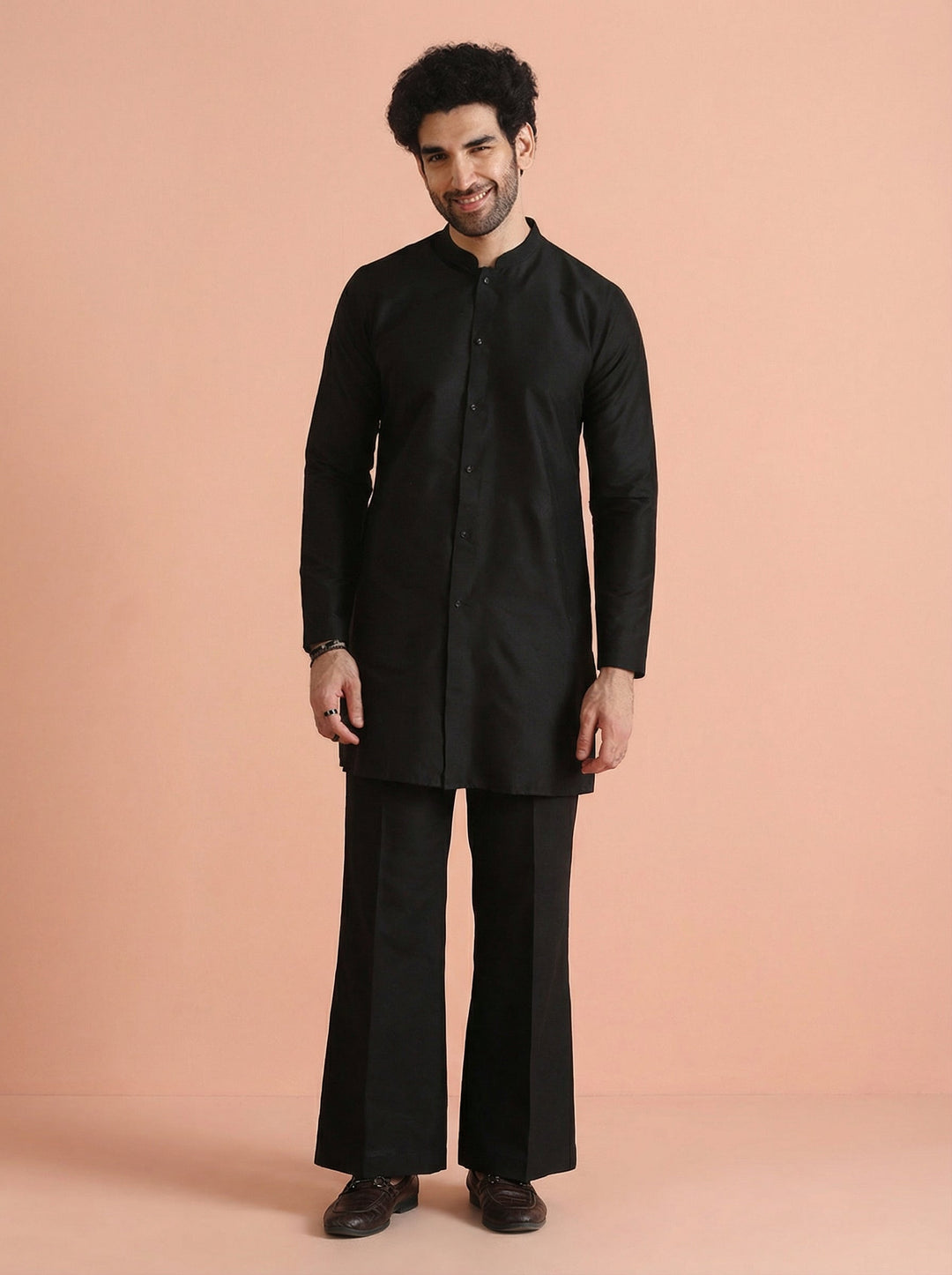 Black Cotton Blend Solid Front Open Mid Kurta Wide Leg Trouser Set | SHOBITAM